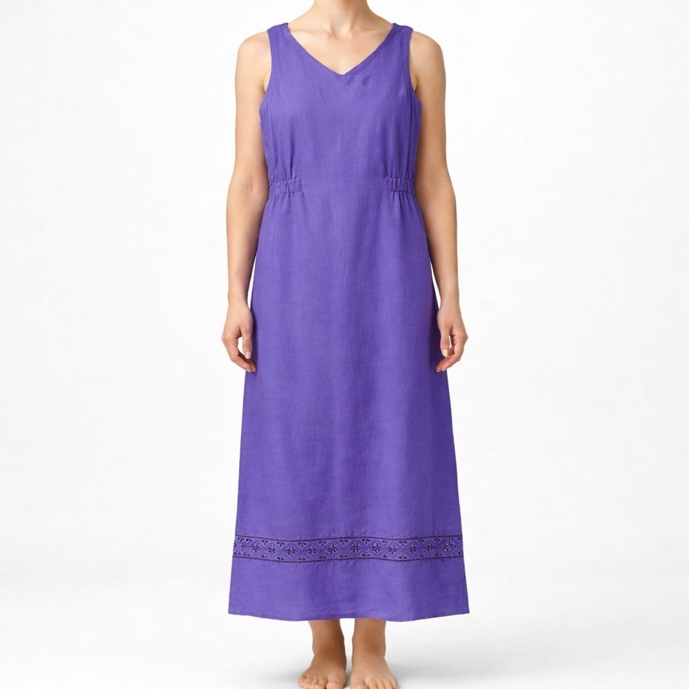 MHM Melissa Harper Womens Linen Blend Maxi Dress 8 Purple Sleeveless Embroidered